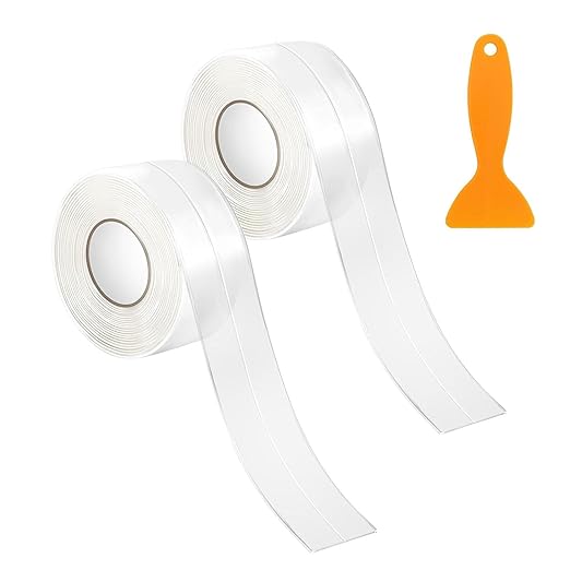 Caulk Tape - 2 Rolls (1.5" x 10.5Ft) Self-Adhesive Waterproof Sealant Tape - Peel & Stick Gap Cover for Toilet, Bathtub, Sink, Shower, Countertop - Includes Sealing Tool (Clear)