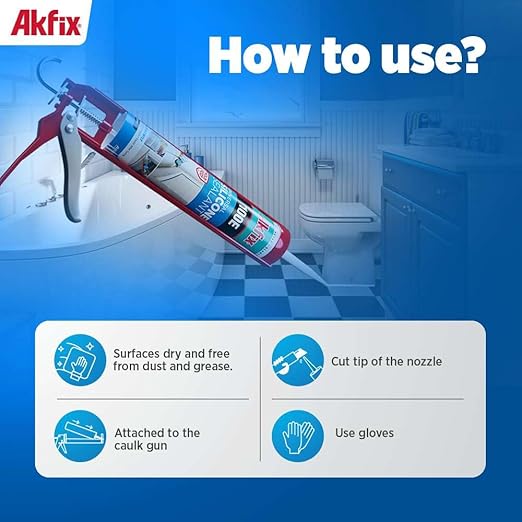 Akfix 100E RTV White Silicone Caulk (1x10.1 fl.oz.) - 100% Waterproof Silicone Sealant for Kitchen and Bathroom, Shower, Toilet, Sink, Window and Door, No Yellowing | White, 1 Pack