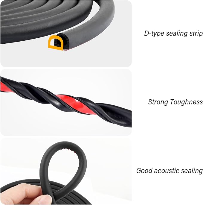 26Ft Automotive Weather Stripping,D-Type Car Door Seal Strip Fits for Doors Hoods Trunk Lids,Universal Self Adhesive Car Weather Stripping Car Accessories for Most Trucks (26Ft)