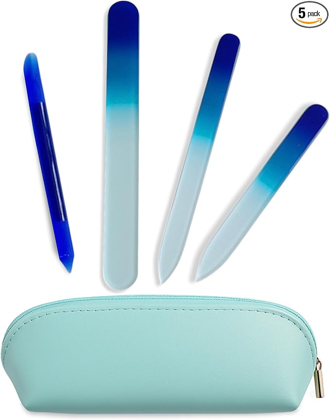 Alban Czech Glass Nail File Set with Manicure Stick & Vegan Leather Cosmetic Case (Royal Blue Nail Files, Royal Manicure Stick & Light Blue Cosmetic Case)