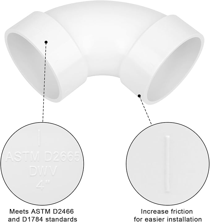 4" PVC DWV Sanitary 90-Degree Elbow (Socket x Socket) White SCH40 4" PVC DWV 90° Elbow Pipe Fittings Connectors for Drain, Waste, Vent