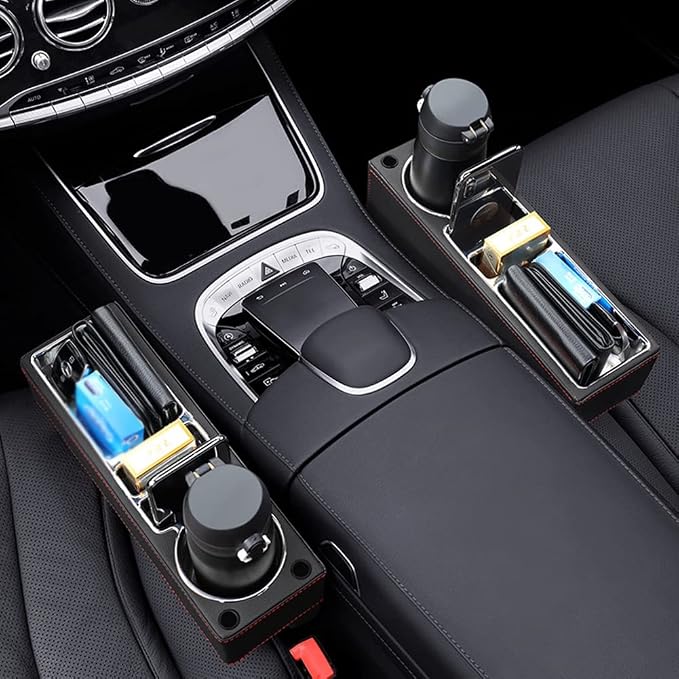 PU Leather Car Seat Gap Filler,Universal Car Seat Organizer Multifunctional Car Cup Holder Gap Filler Storage Box Console Side Pocket Car Organizer for Phones Sunglasses,USB Style,Black