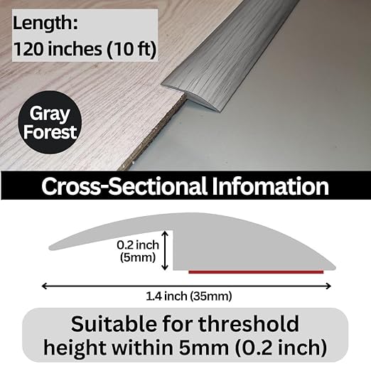 Maxiroc Floor Transition Strip Self Adhesive Carpet Wood Tile Vinyl Flooring Laminate Transition Cover Edge Trim Gap Doorway Threshold for Uneven Floors Heights Within 5 mm (120 inches, Gray Forest)