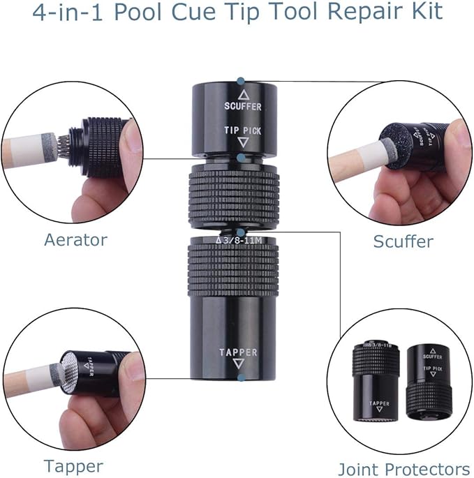 Aluminum 4-in-1 Billiard Pool Cue Tip Accessory Tool Repair Kit (Scuffer, Aerator, Tapper, Joint Protector)