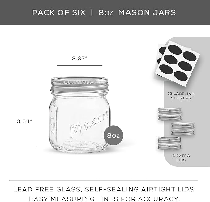 JoyJolt 8 Oz Mason Jars With Lids, Labels and Measures! 6-Pack Regular Mouth Mason Jars, Glass Jar with Lid and Band. Airtight Canning Jars, Overnight Oats Jars, Salad Jars, Sourdough Starter Jar