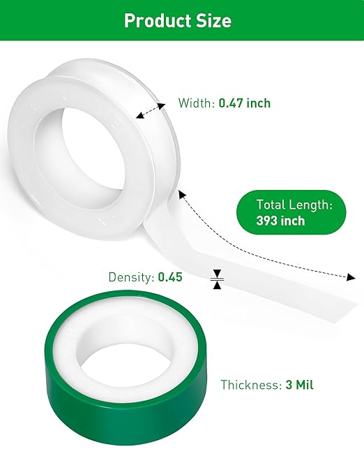 3 Roll Plumbers Tape, Teflon Tape, -374 to 536 Degree F Temperature Range, High Density 0.45g/cm, Water Pipe Sealing Plumbing Tape, Duct Tape, L 390 in x W 0.47 in³. Green