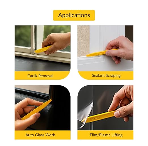 Chisel End Stick Tool, Plastic Construction, Yellow Finish, 7-7/8" Length, 5/8" Width, Non-Scratch Tool for Caulking, Sealant, Window Channels, Gaskets, Glazing, and Painting Applications - Pack of 5