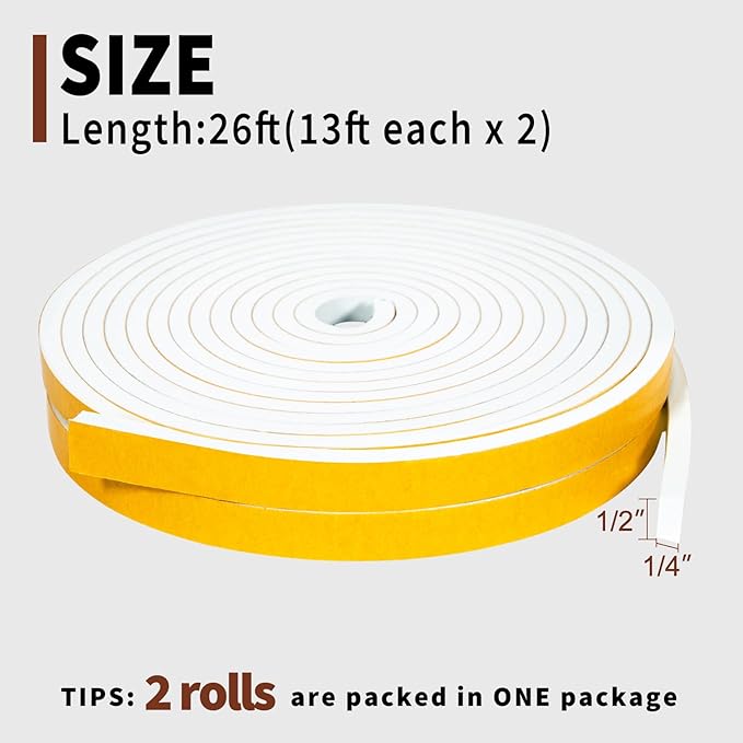 Yotache White Doors Windows Insulation Tape 1/2" x1/4", Foam Weather Stripping Gasket Tape Seal for Draft, Soundproofing, Total 26 Feet Long (2 X 13 Ft Each)