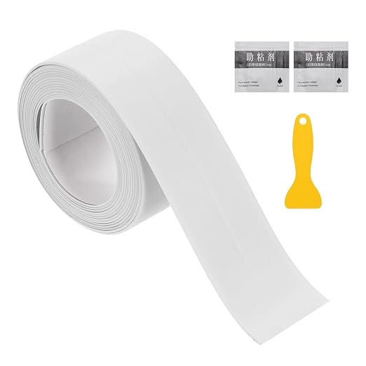 uxcell Caulk Tape Waterproof, 0.83 Inch x 4.92 ft Self-Adhesive Sealant Sealing Strip Caulking Sealant Tape PVC with Tool for Kitchen Sink Toilet Bathroom Bathtub Floor, White