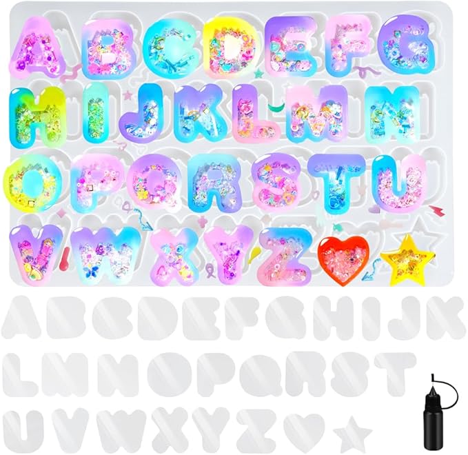 FUNSHOWCASE Alphabet Resin Shaker Molds Kawaii Keychain Charm Set Pack of 58 Silicone Trays Seal Films Precision Tip Applicator Bottle Kit Bundle