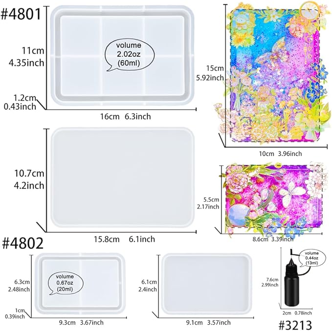 Resin Shaker Molds Set Large Rectangular Photo Frame Pack of 3 Epoxy Silicone Trays Precision Tip Applicator Bottle Kit Bundle