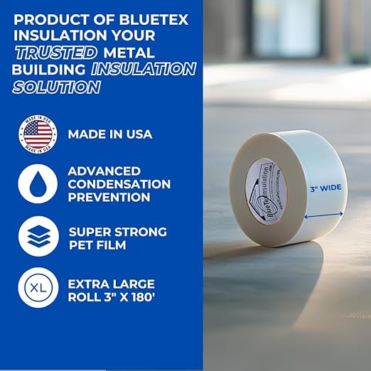 BlueTex Insulationㅤ3 Wide x 180' Long White Vapor Barrier Seam Tape - 4 Rolls Bulk Pack, Great for Crawlspaces, Waterproofing, Insulation Repairs, Underlayment Seams, Metal Building Insulation Seams