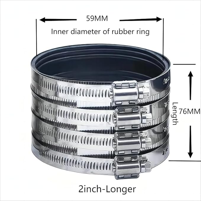 Flexible pipe Coupling with Stainless Steel Clamps.Pipe Connector for PVC and Metal Pipes (2inch-Longer)
