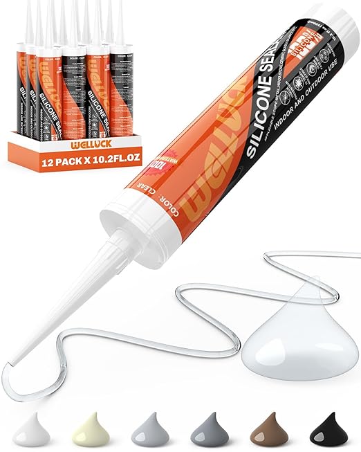 WELLUCK Clear Silicone Caulk, 100% Waterproof Silicone Sealant Adhesive Caulking,for RV, Kitchen,Bathroom, Window, Door, Glass,10.2FL.OZ/300ML (12 Pack)