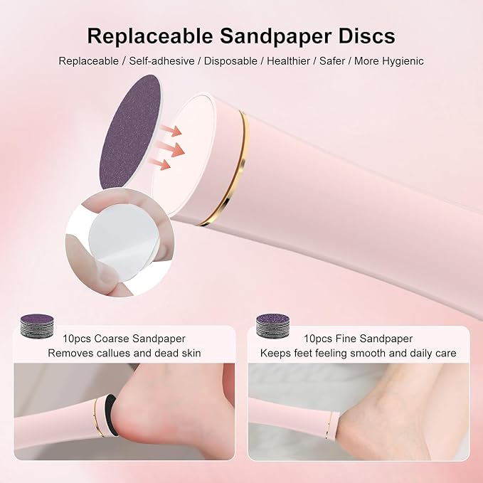 2026 Upgraded Electric Foot Callus Remover, 3-Speed Ergonomic Rechargeable Pedicure Tool for Dry Skin, Cracked Heels, Dead Skin & Calluses, 20 Disposable Sandpaper Discs - Pink