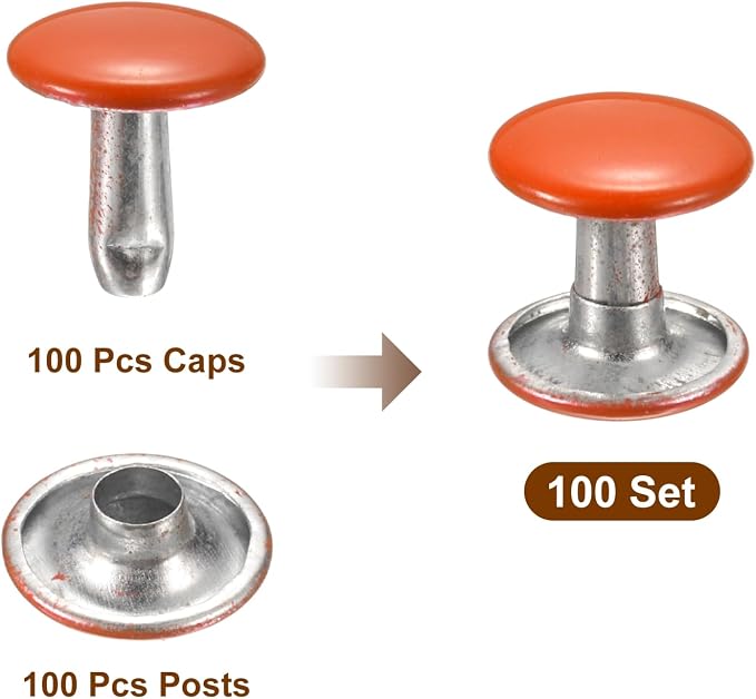 HARFINGTON 100 Sets Double Cap Leather Rivets, 10x10mm Round Cap Tubular Metal Studs Leather Crafting Rivets for Fabric Belt Pet Collar Boot Bag Repair and Decoration, Orange