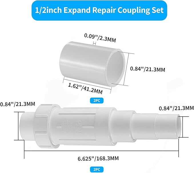 LESSO 1/2 inch PVC Pipe Repair Kit, 1/2" PVC Repair Coupling for Broken or Cracked In-Ground Pipes, SCH40 White(2 Sets)