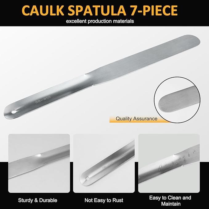 958-G01 Caulking Spatula Set, Multi-Purpose Caulking Tooling 7-Piece, Stainless Steel Circular Fixed Caulking Knife Set, Widths from 3/8” to 1-1/2”, Easy to Handle Spatula Set