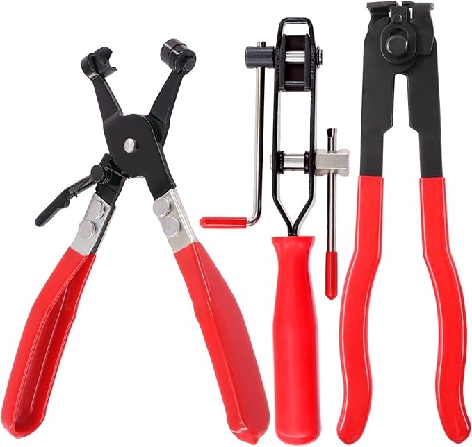 Swpeet 3Pcs Red CV Joint Boot Clamp and Swivel Flat Band Hose Clamp Assortment Kit, Ear Boot Tie Car Band Tool Car Water Pipe Locking Pliers Automotive Hose