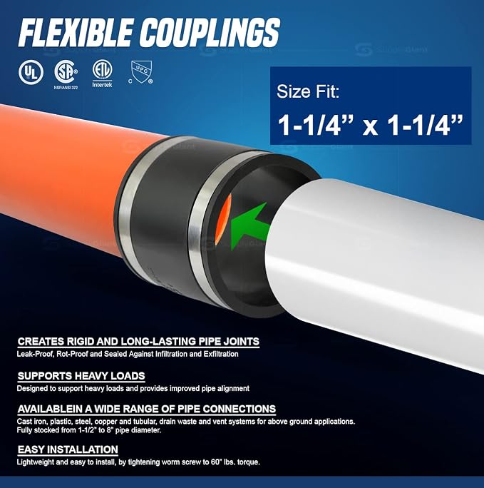 Supply Giant 6I45 Flexible Pvc Coupling with Stainless Steel Clamps, 1.6" Inner diameter for 1-1/4" Nominal Pipe, Black