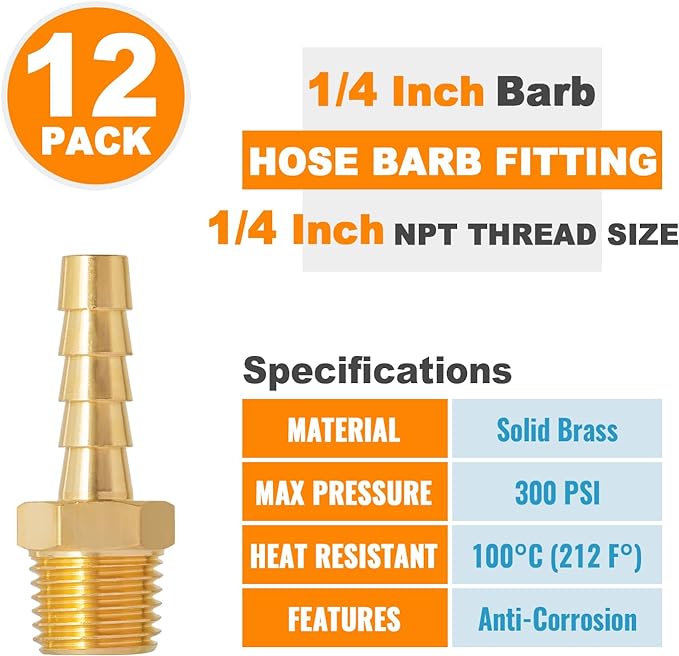 SUNGATOR 12-Pack 1/4'' Air Hose Fittings, Brass Hose Barb Fittings, 1/4 Inch NPT Male Pipe to 1/4'' Barb End Aadapter, Brass 1/4'' Air Line Repair Kit for Compressor, Gas, Auto Shop