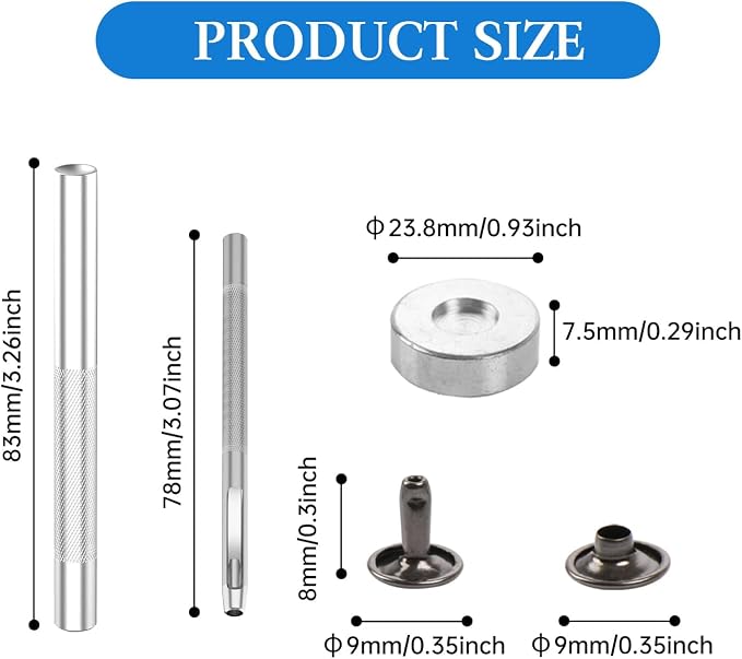 100 Sets Leather Rivets 9x8mm Double Cap Rivets Snaps Metal Studs Fasteners with 3pcs Setting Tools for Leather Craft DIY Repair Decoration, Gunmetal