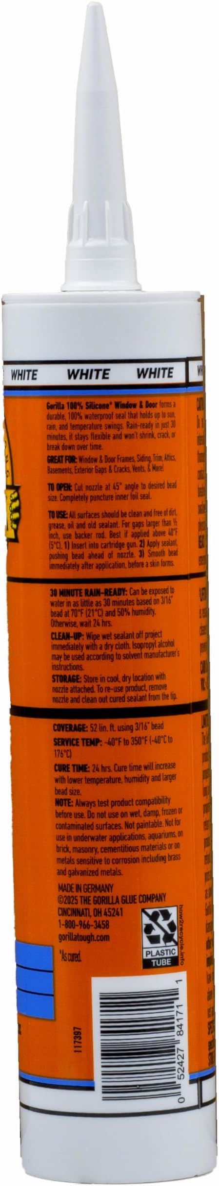 Gorilla 100% Silicone Sealant Caulk Window & Door, 10 Ounce Cartridge, White