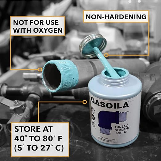 Gasoila Soft-Set Pipe Thread Sealant – Non-Hardening Paste for Metal & Plastic, 1 Pint with Brush Cap – Reliable Leak Prevention, Drip-Resistant, Temp Range -100 to 600°F, Made in USA
