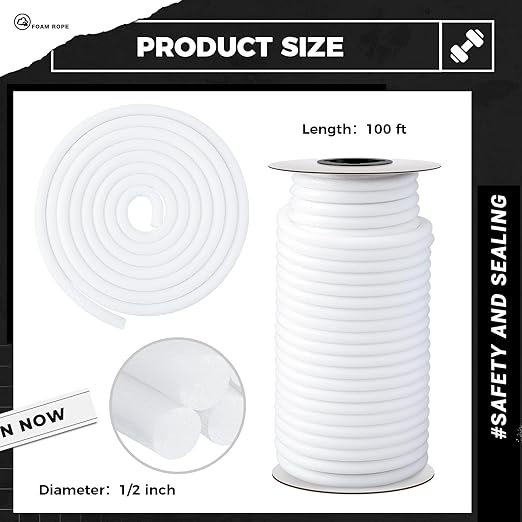 MotiMind 1/2 Inch x 100 ft Foam Backer Rod for Gaps Joints Concrete Crack Filler Caulk Saver Bulk Foam Backing Rod Concrete Filler Rope for Weather Stripping Door Seal (White)