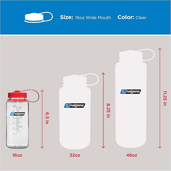 Nalgene 16 oz Wide Mouth Water Bottle | Slim Cup Holder Size, BPA-Free, Durable & Leak Proof, Lightweight Travel Bottle, Clear