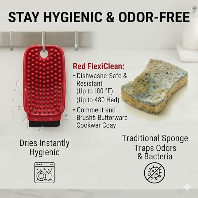 FlexiClean 3-in-1 Silicone Dish Sponge - BPA-Free Food-Grade Cleaning Brush with Dual-Sided Scrubber & Scraper, Hanging Hole Fast-Dry Reusable for Dishes/Fruits/Vegetables (Red 2PCS)