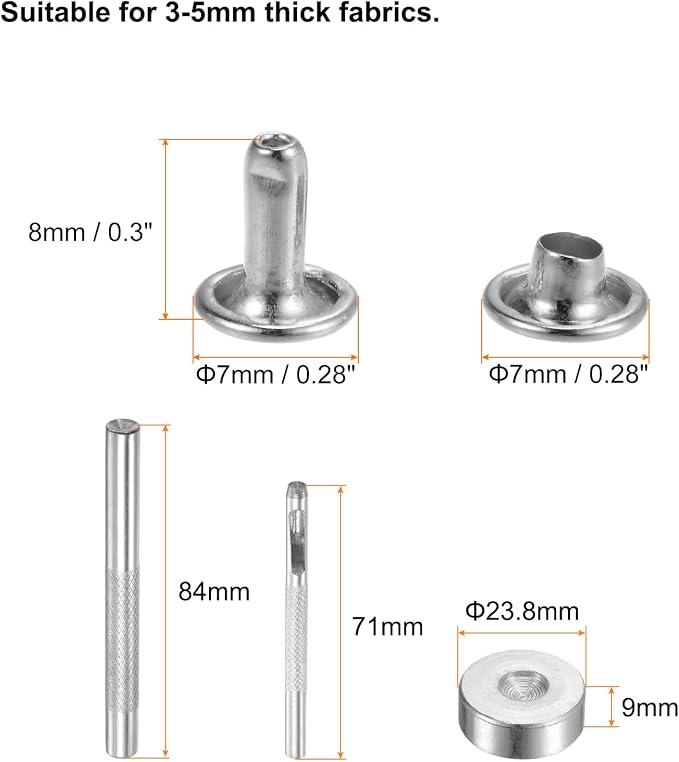 HARFINGTON 100 Sets Leather Rivets 8 x 7mm Metal Double Cap Rivet Snaps Studs Fasteners with 3pcs Setting Tools Rivets for Leather Craft DIY Repair Decoration, Silver Tone