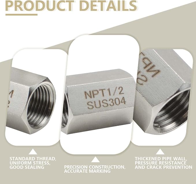 Bwintech 1 Pcs 304 Stainless Steel Forging Hex Coupling, 1/2" NPT x 1/2" NPT Female Threaded Piple Fittings, Hex Coupling Rod Version