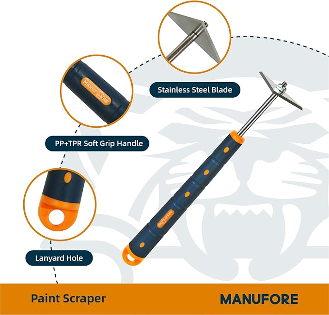 MANUFORE 13-Inch Contour Paint Scraper, Long Soft Grip Handle with 3 Interchangeable Blades for Paint, Varnish, Putty, Caulk and Rust Removal on Curved & Rounded Surfaces