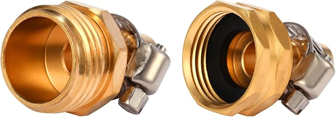 Brass Garden Hose Connector Repair Mender Kit with Stainless Clamp,Fits 1/2" Water Hose Fitting,2 Sets(1/2" Barb x 3/4" GHT)
