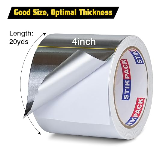 Aluminum Foil Tape 4 inch x 60ft (20 Yards) Heavy Duty HVAC Duct Tape for Ductwork – High Temperature Silver Foil Tape for Insulation, Metal Repair, Exhaust Sealing & Patching