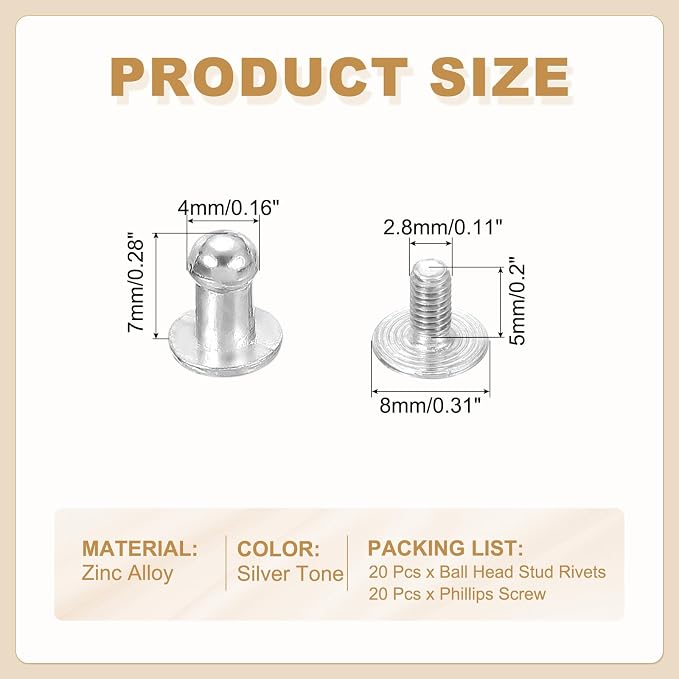 PATIKIL 4 mm Leather Rivets, 20 Sets Ball Head Stud Screw Back Round Head Button Chicago Screw Nipple Stud Rivet for Leather DIY Craft Handbag Belt Repairs, Silver Tone