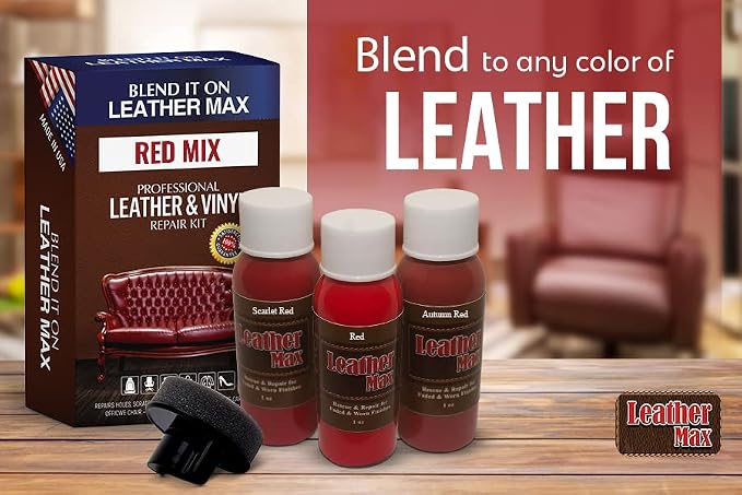 Leather Max Quick Blend Refinish and Repair Kit, Restore Couches, Recolor Furniture & Repair Car Seats, Jackets, Sofa, Boots / 3 Color Shades to Blend with/Leather Vinyl Bonded and More (Red Mix)