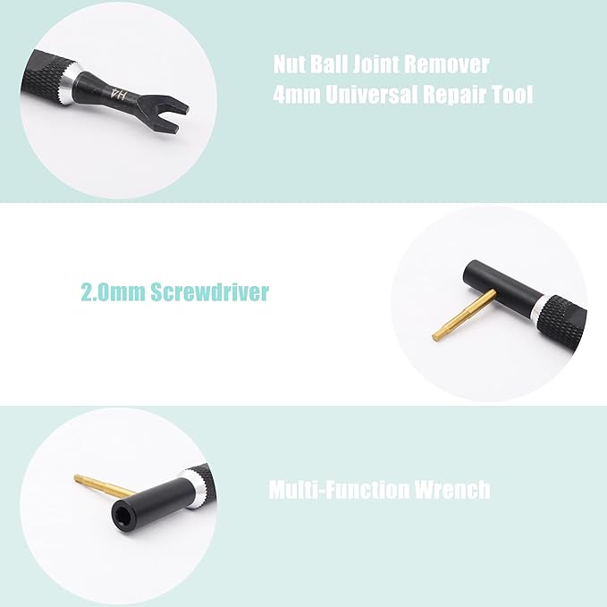 RC Multi-Function Wrench Turnbuckle Nut Ball Joint Remover 4mm Universal Repair Tool with 2.0mm Screwdriver for 1/10 1/8 1/24 Crawler Truck Off Road Car Boat Drone Airplane(Black Silver)