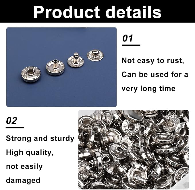 TLKKUE 50 Sets Leather Snap Fasteners Kit 10mm Silver Metal Snap Buttons kit Stainless Steel with 4pcs Snap Fastener Installation Tools for Sewing Clothing, Bracelets, Jackets, Bags Belt, DIY Crafts
