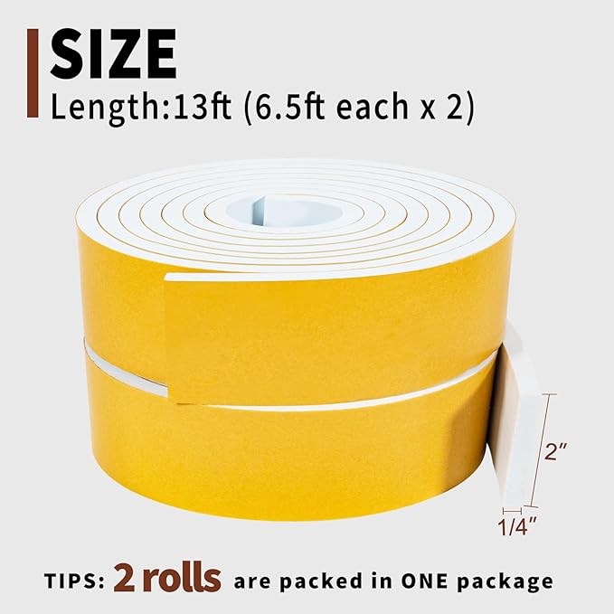 Yotache White Foam Weather Stripping 2" x1/4", Self Stick High Density Closed Cell Foam Rubber Insulation Tape, Total 13 Feet Long
