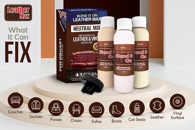 Blend It On XL Leather/Vinyl Repair Kit Now with 6 Ounces for Furniture, Jacket, Sofa, Car Seat, Boots, Easy Instructions to Match Colors, Restore Any Material No Mixing Chart Needed (Neutral Mix)