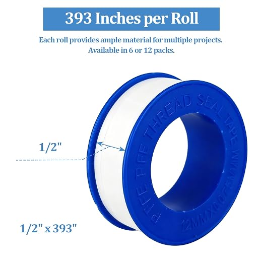 6 Pack PTFE Plumbers Tape Professional Thread Seal Tape for Pipe Sealing, Teflon Tape for Plumbing Leak Prevention, Suitable for Home, Office, and Industrial Use (1/2" x 393")