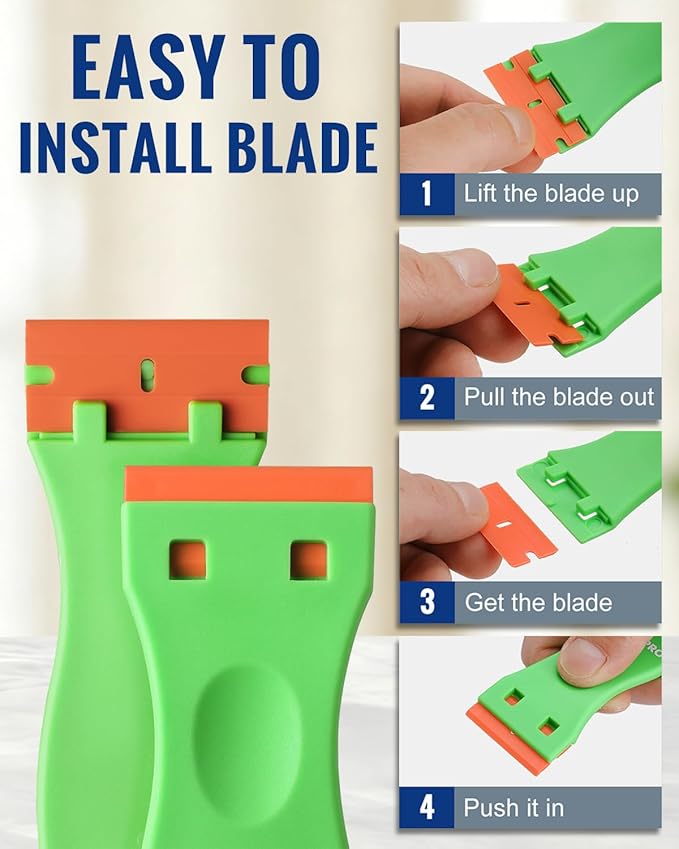 WORKPRO 12-Piece Plastic Razor Blade Scraper with 120 Pcs Plastic Razor Blades, for Gasket Remover, Labels Decal and Adhesive Remover for Windows and Glass