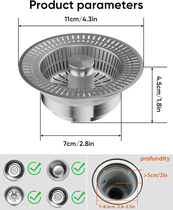 Kitchen Sink Drain Strainer and Stopper Combo, 3 in 1 Stainless Steel Pop-Up Sink Stopper & Drain Strainer for Standard Drains, Ideal Sink Protectors for Kitchen Sink