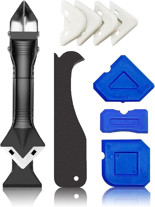 10 PCS Silicone Caulking Tools (Stainless Steel head) 5 in 1 Sealant Finishing Tool Grout Remove Scraper,Caulk Remover Glass Glue Angle Scraper for Bathroom Kitchen Floor,Window,Joint