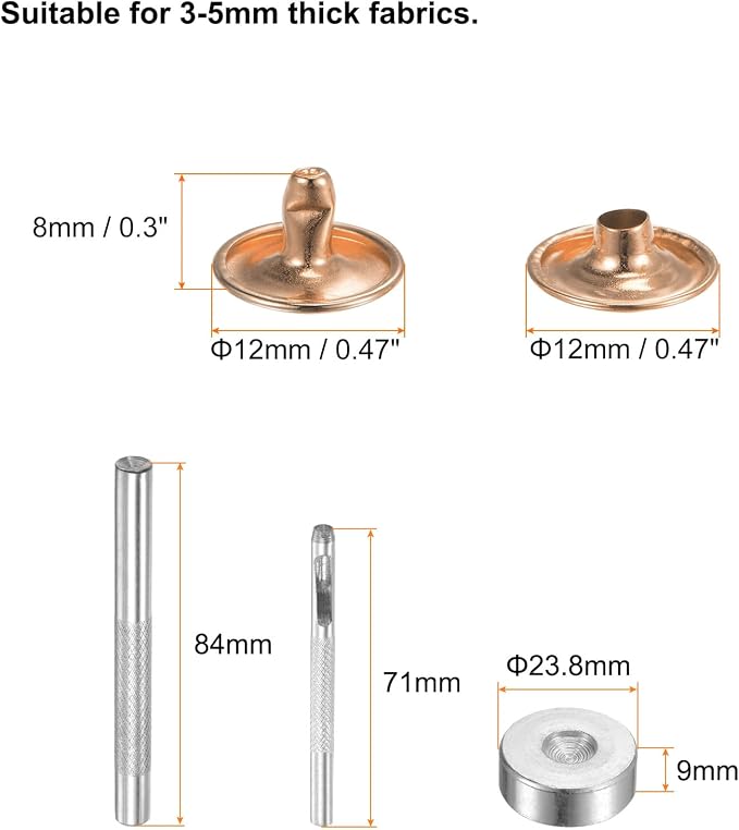 HARFINGTON 100 Sets Leather Rivets 8 x 12mm Metal Double Cap Rivet Snaps Studs Fasteners with 3pcs Setting Tools for Leather Craft DIY Repair Decoration, Light Gold Tone