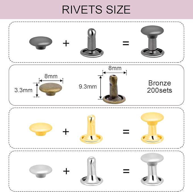 200Sets 8mm Round Double Caps Leather Rivets Metal Tubular Studs for Bags Hats Shoes Clothing Leather DIY Craft Repair and Decoration (Bronze)