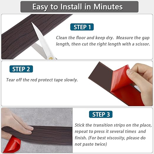 Floor Transition Strip 2" Self Adhesive Flat Vinyl Flooring Transitions Strip with Strong Backing Wood Grain 5cm, 20FT, Dark Walnut