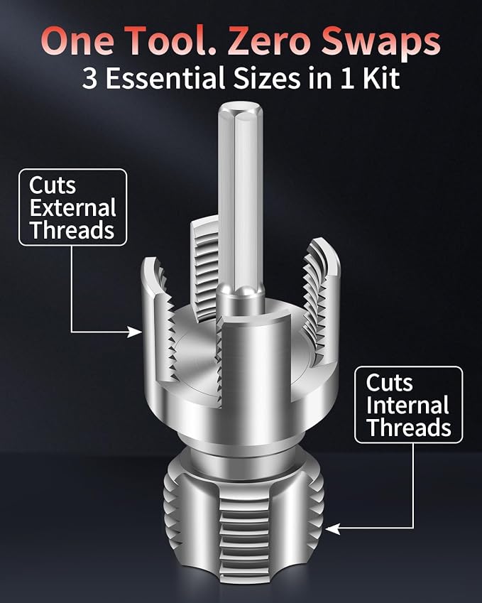 3PCS PVC Pipe Threader Kit for Drill,Internal & External Threads | Fits 1/2", 3/4" and 1" PVC pipes; drill-compatible tools create clean internal and external threads for plumbing repairs.
